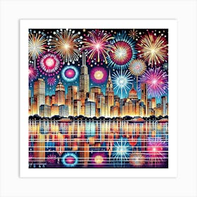 New Year’S Fireworks Skyline Printed Art A Stunning Illustration Of A City Skyline Lit Up By New Year’S Fireworks, Perfect For Bringing Excitement And Celebration To Any Space Printed Art Art Print