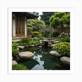 A Tranquil Garden With A Koi Pond, Blooming Flowers, And A Stone Lantern Art Print