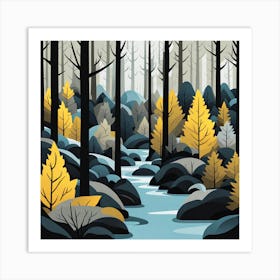 Forest Landscape, forest with Christmas trees, woods, lake, illustration, vector art, Forest, sunset,   Forest bathed in the warm glow of the setting sun, forest illustration,  forest vector art, forest painting, dark forest, landscape painting, nature vector art, Forest art, trees, pines, spruces, and firs, black, blue and yellow Art Print