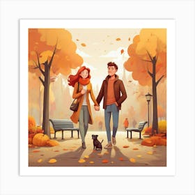 Autumn Couple Walking In The Park Art Print