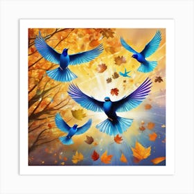 Blue Birds In Autumn 1 Art Print