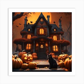 Halloween House With Pumpkins Art Print