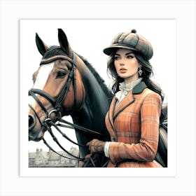 British Lady By Her Horse Color Detail Drawing Art Print