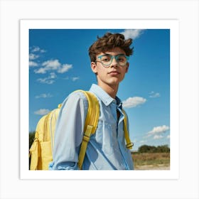 18 Year Old Boy Sporting Transparent Glasses Relaxed Posture Carrying A Light Blue Schoolbag With Art Print