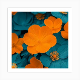 Blue And Orange Flowers Art Print