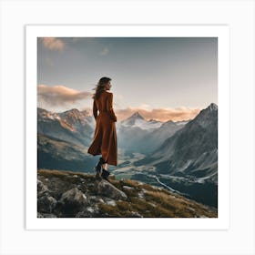 Woman Standing On Top Of Mountain Art Print
