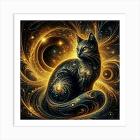 Black Cat With Golden Swirls Art Print