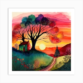 Watercolor Folk Art Sunset #1 Art Print