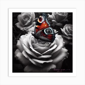 Butterfly On Roses 1 Art Print