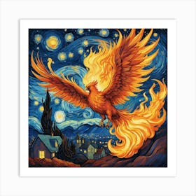 Phoenix Fire Flying At Starry Night Van Gogh Painting Pop Culture Art Print