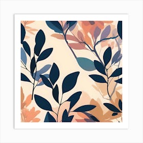 Branches & Leaves Navy Blue With Earth Colored Pastels Art Print