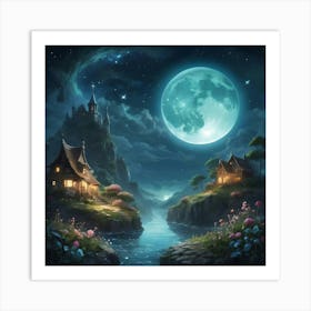 Moon High In Sky At Night Houses And Lake Art Print