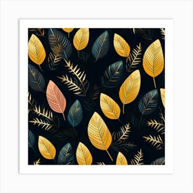 Gold Yellow Leaves Fauna Dark Background Dark Black Background Black Nature Forest Texture Wall Wallpaper Pattern Art Print