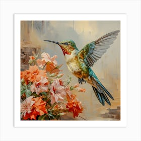 Floral Symphony: Hummingbird with Orange Flowers - Realistic Nature Art Art Print