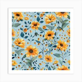 Blue Bakground Sunflowers Art Print