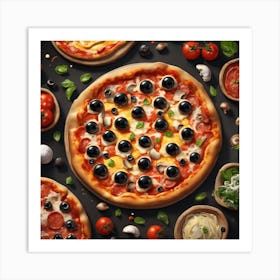 Pizzas On Black Background Art Print