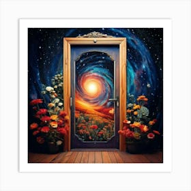 Firefly Door, Wooden, Galaxy, Spiral, Cosmos, Space, Universe, Floral, Wallpaper, Yellow, Blue, Red, (10) Art Print