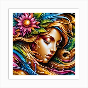 Colorful Girl With Flower 1 Art Print