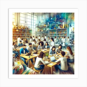 Collaboration And Innovation Wall Print Art A Dynamic Scene Of University Students Working Together, Perfect For Promoting Teamwork And Creativity In Any University Setting Art Print