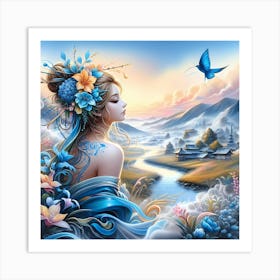 Chinese Woman With Blue Butterfly Art Print