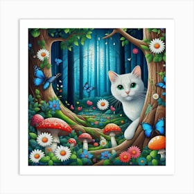 White Cat In The Forest 2 Art Print