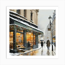 Paris cafes, winter season, Christmas, pale colors, pedestrians in the street, winter clothes, falling snow.3 Art Print