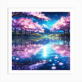 Mountain Lake Reflections with Pink Cherry Blossom Trees Art Print