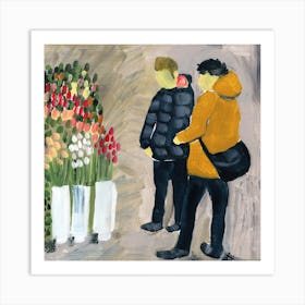 Tulips Buyers - painting square men person floral flower hand painted living room Art Print