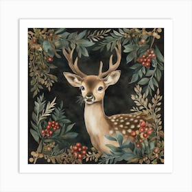 Deer Illustration Vintage Christmas Gift Winter Art Print