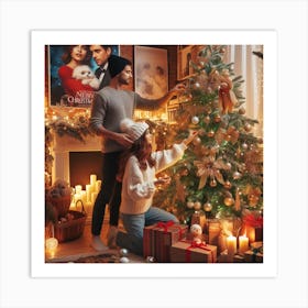 Couple Decorating Christmas Tree Art Print