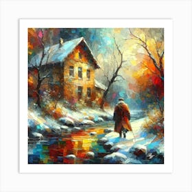 Oil Texture Abstract European Cottage And Stream Art Print