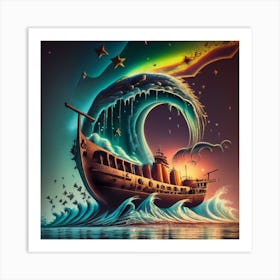 Ship on a tsunami wave 1 Art Print