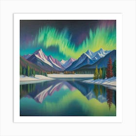 Aurora Over Snow Capped Peaks A Tranquil Mountain Reflection (2) Art Print