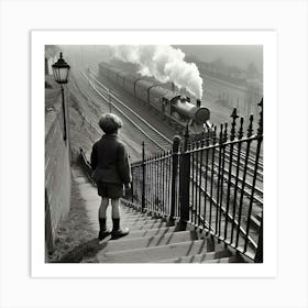 Boy Looking At A Train Art Print