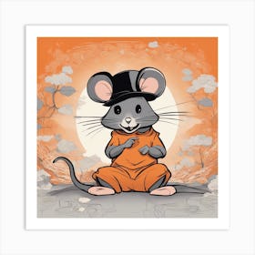A Silhouette Of A Mouse Wearing A Black Hat And Laying On Her Back On A Orange Screen, In The Style (1) Art Print