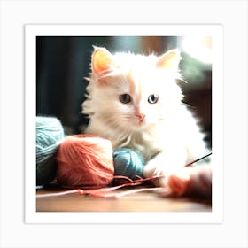 White Kitten Playing With Yarn Art Print