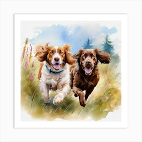 Watercolor Of Two Dogs Running Art Print