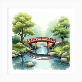 Watercolor Depiction Of A Traditional Japanese Bridge Over A Serene Stream 1 Art Print