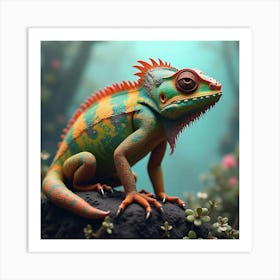 A Fantastical Chameleon With Color Shifting Scales Camouflaging Into An Otherworldly Landscape Art Print