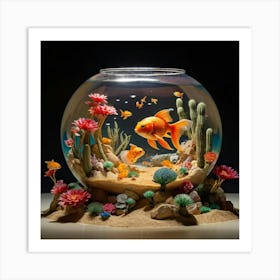 Elephant Sized Goldfish Swimming In A Giant Fishbowl Amidst A Surreal Desert Landscape Surrounded B Art Print