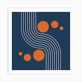 Modern Mid Century Sun and Rainbow Abstract 10 in Navy Blue and Burnt Orange Art Print