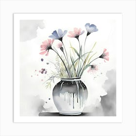 Watercolor Flowers In A Vase Monochromatic 2 Art Print