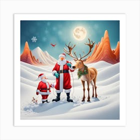 Santa Claus And Reindeer Art Print