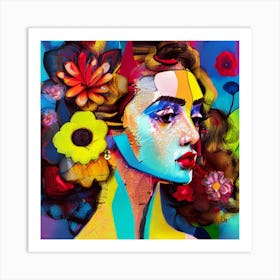 Colorful Girl With Flowers 3 Art Print