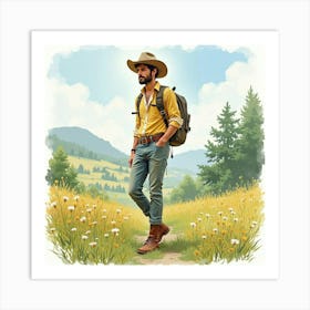 Charming Man In Watercolor Outfit, Idyllic Countryside 1 Art Print