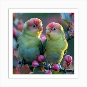 Two Birds Perched On A Branch Art Print