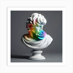 A White Marble Bust Of Rainbow Colored Rose On A Grey Background, 3d 9 Poster