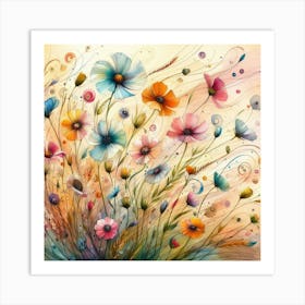 Whimsical Watercolor Painting Of Whimsical Wildflowers Dancing In The Wind, Style Watercolor Illustration 3 Art Print