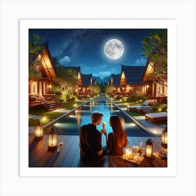 Romantic Couple At The Pool At Night Art Print