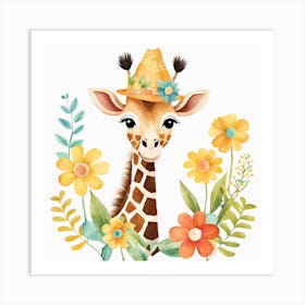 Floral Baby Giraffe Nursery Illustration (9) Art Print